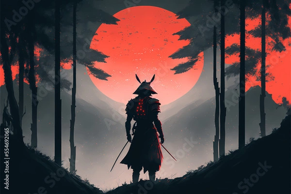Fototapeta Futuristic Samurai standing backwards in a night grey forest with a big red moon in the background, Panorama landscape scene, illustration art style painting