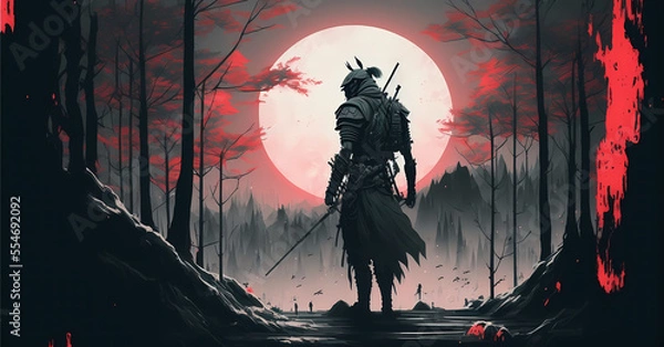 Fototapeta Futuristic Samurai standing backwards in a night grey forest with a big red moon in the background, Panorama landscape scene, illustration art style painting