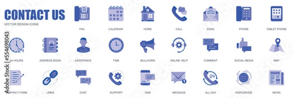Fototapeta Contact us concept of web icons set in simple flat design. Pack of fax, calendar, home, call, email, phone, 24 hours, address book, support, bullhorn and other. Vector blue pictograms for mobile app