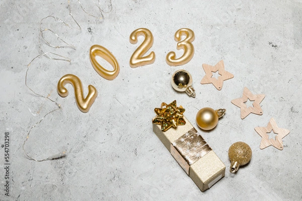 Fototapeta happy new year 2023 background new year holidays card with bright lights,gifts and bottle of hampagne