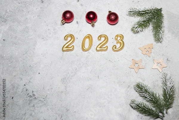 Fototapeta happy new year 2023 background new year holidays card with bright lights,gifts and bottle of hampagne