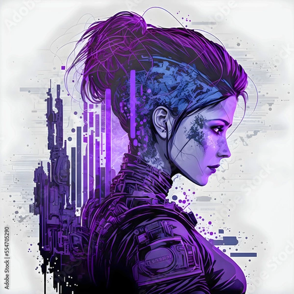 Obraz Cyberpunk woman, schematic, project engineering style
