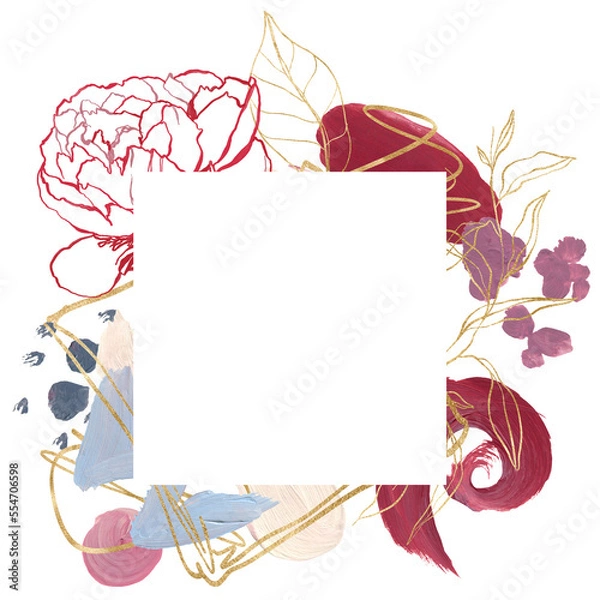 Fototapeta Watercolor Christmas abstract frame of linear flower, magenta, blue and gold spots. Hand painted card of plants isolated on white background. Botanical illustration for design, print, background.