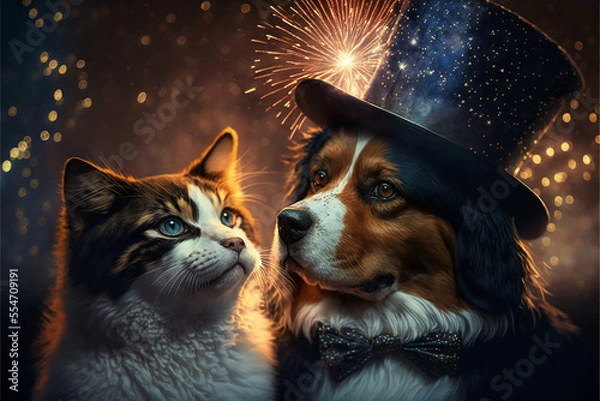 Fototapeta cat and dog's faces as they gaze up at the fireworks bursting in the night sky. they  wear a top hat  bow tie, and a vest. The style is dreamy and romantic, with a soft, magical quality
