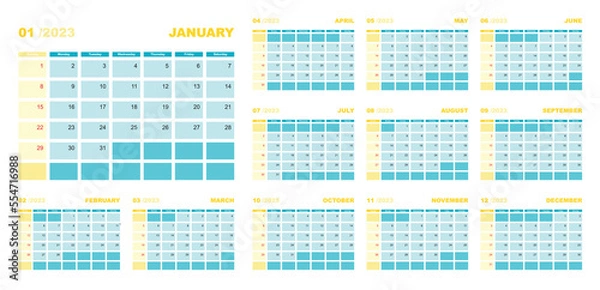 Fototapeta Calendar for 2023 in blue and yellow colors. Week starts on sunday.