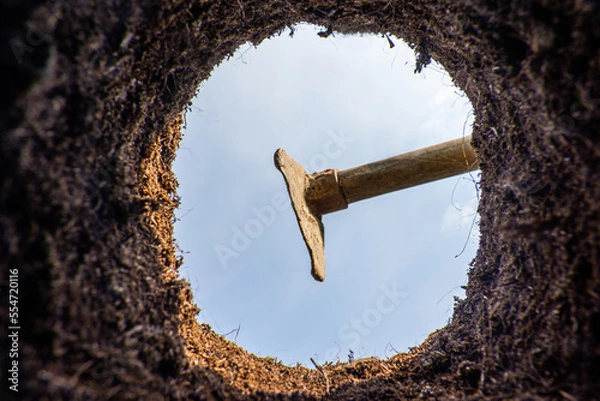 Fototapeta Digging soil for planting by hoe. Gardening and planting tree or seedling in fertile soil. Close-up of hoe. View from below.