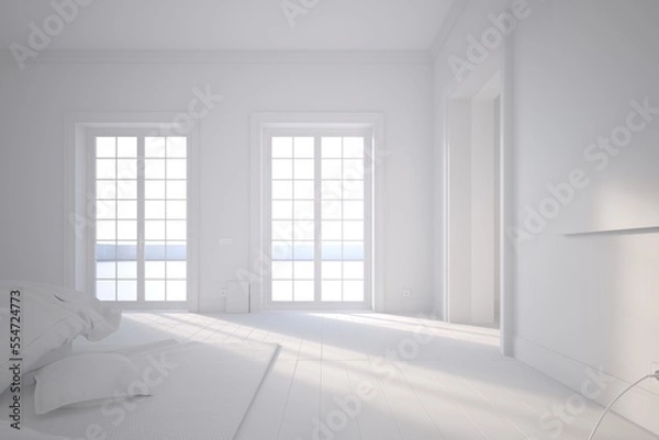 Fototapeta Large bedroom plenty of space.  Light coming in from two door windows, plank flooring and soft carpet. Interior design, airy and bright space concept.  Clay style rendering  
