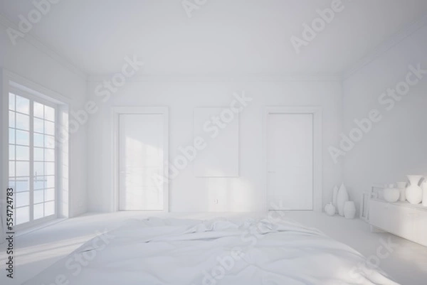 Fototapeta Beautiful bedroom plenty of space and light, with plank flooring, two door windows, a sideaboard and some big vases, viewed from a soft and comfortable bed, Interior design,  bright space concept.