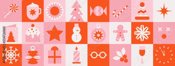 Fototapeta Christmas checkered pattern. Geometric elements, minimal holiday icons, ornamental square tiles, simple shapes forms. Vector background
