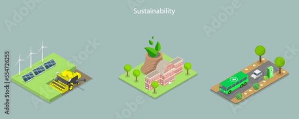 Fototapeta 3D Isometric Flat Vector Conceptual Illustration of Sustainable Lifestyle, Green Electricity, Food Production and Transportation