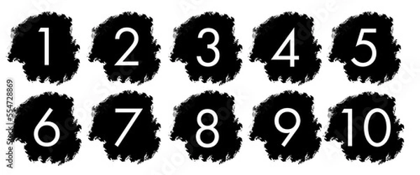 Obraz Set of numbers in black smudge mark, paint brush smudge, layered, isolated graphic design element made with brushstroke, hand drawn art for backgrounds, frame, watercolor paint, monochrome	