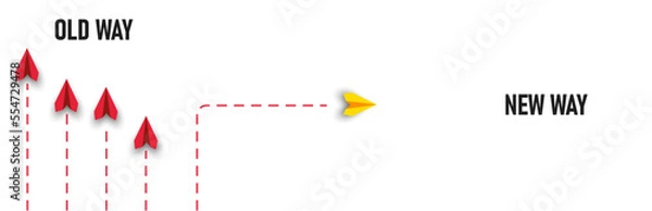 Fototapeta red planes are flying the old way yellow paper planes are flying the new way. changing path fi. Different thinking, Business leader, personality development idea concept.