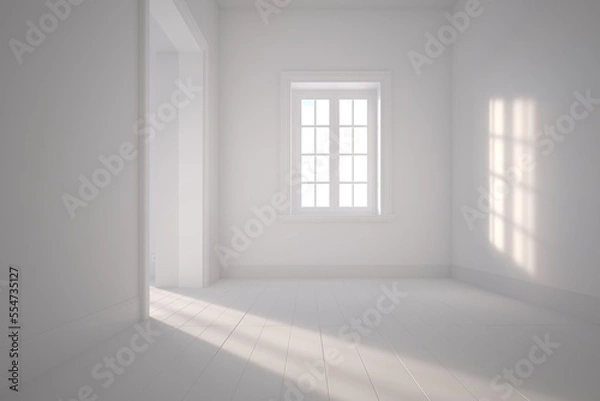 Fototapeta Beautiful empty room plenty of space, with soft light coming in from a window on a sunny day, ready to be furnished.  Interior design, furnishing concept.  Clay style rendering  