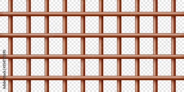 Fototapeta Realistic dark wooden lattice, rural picket fence. Farm or village house boundary, garden enclosing planks. Detailed wooden jail cage. Criminal background mockup. Creative vector illustration