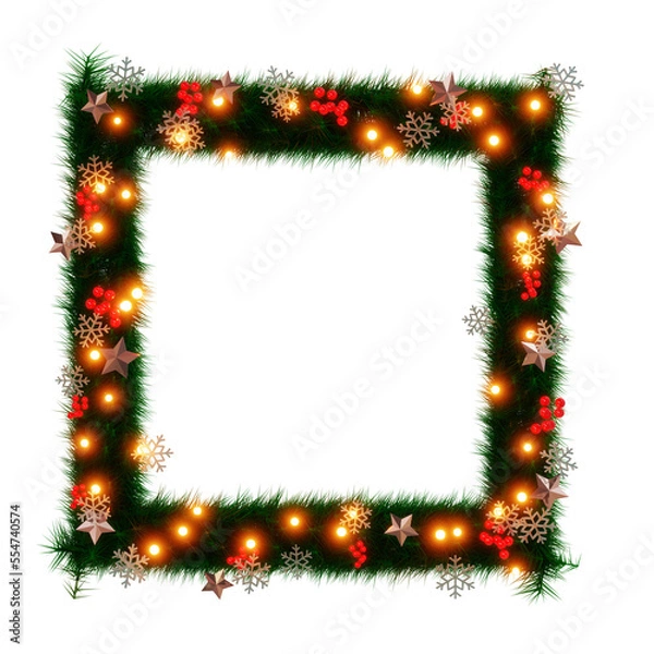 Fototapeta Beautiful christmas wreath with sparkling　illumination in the shape of square with snowflake and shiny stars and red berries on transparent background (RGBA 3D Rendering PNG)