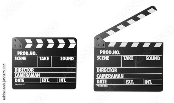 Obraz Clapperboards on white background, collage. Cinema production
