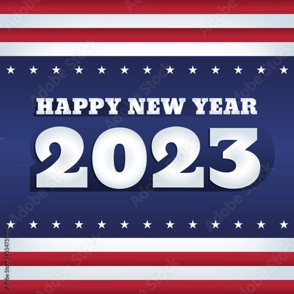 Fototapeta Vector web banner. Abstract background with the colors and elements of USA flag. Greeting text in a bold font: Happy New Year 2023. Retro styled design. Square format.