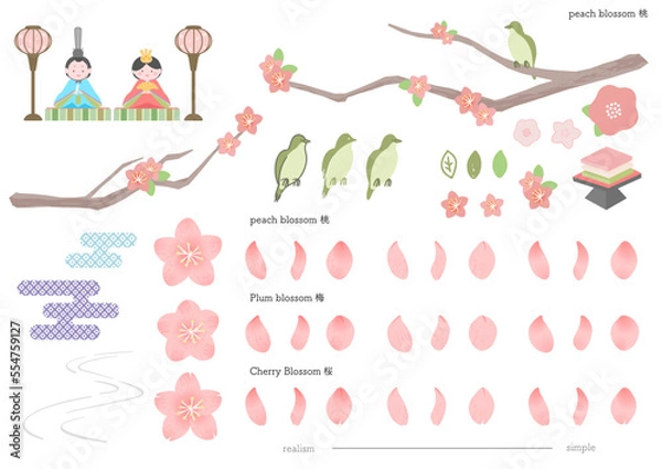 Fototapeta 桃・梅・桜の花びらセット、日本の春セット