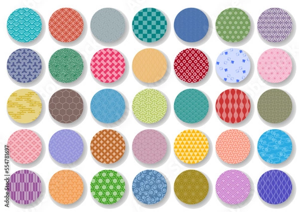 Fototapeta カラフルな和柄の円形アイコンイラストセット