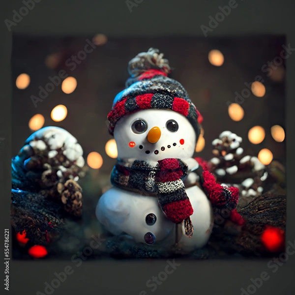 Fototapeta Adorable muñeco de nieve, navidad, bonito, invierno, diciembre, nieve, hielo, ilustración realizada con inteligencia artificial IA
