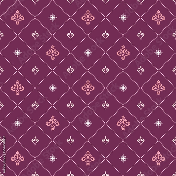 Fototapeta Seamless purple and pink pattern. Modern geometric ornament with royal lilies. Classic vintage background