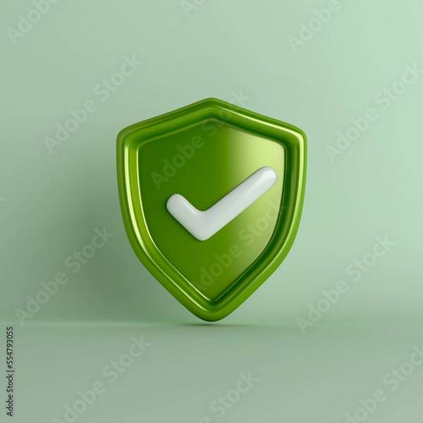 Fototapeta Green shield with check mark, secured protection concept, 3d rendering illustration