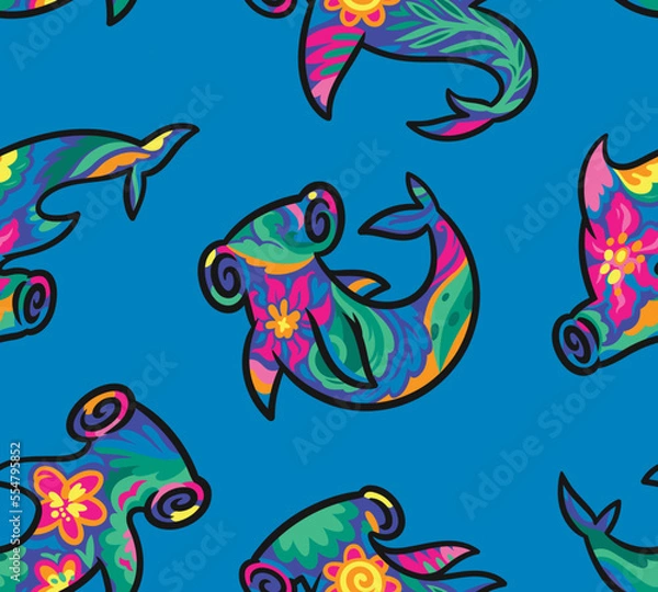 Fototapeta Seamless pattern with floral hammerhead sharks isolated on blue background