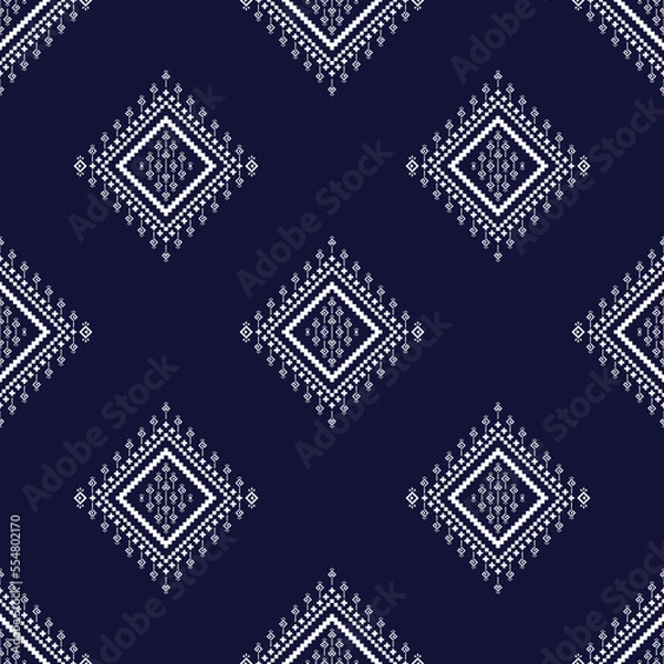 Obraz Blue cross stitch traditional ethnic pattern paisley flower Ikat background abstract Aztec African Indonesian Indian seamless pattern for fabric print cloth dress carpet curtains and sarong