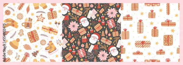 Fototapeta Seamless pattern for New Year and Christmas. Cute hand-drawn illustration with holiday mood. Cozy winter elements like gifts, stars and Santa.