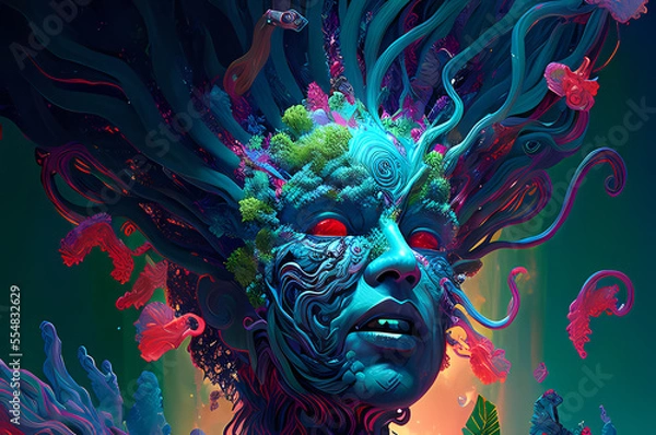 Fototapeta Fluorescent Dreamy Mystical colorful glowing fantasy world Imagination of start of mind
