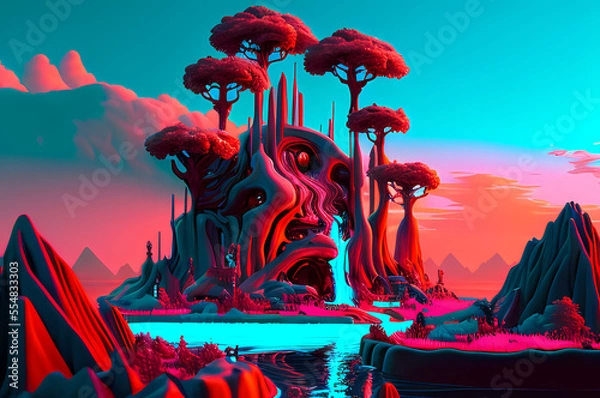 Fototapeta Fluorescent Dreamy Mystical colorful glowing fantasy world Imagination of start of mind
