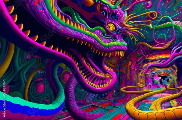 Fototapeta Fluorescent Dreamy Mystical colorful glowing fantasy world Imagination of start of mind
