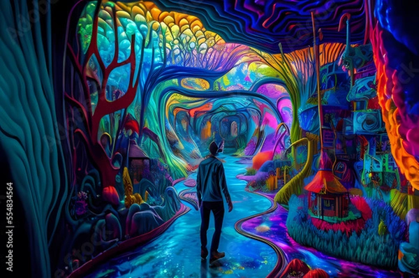 Fototapeta Fluorescent Dreamy Mystical colorful glowing fantasy world Imagination of start of mind
