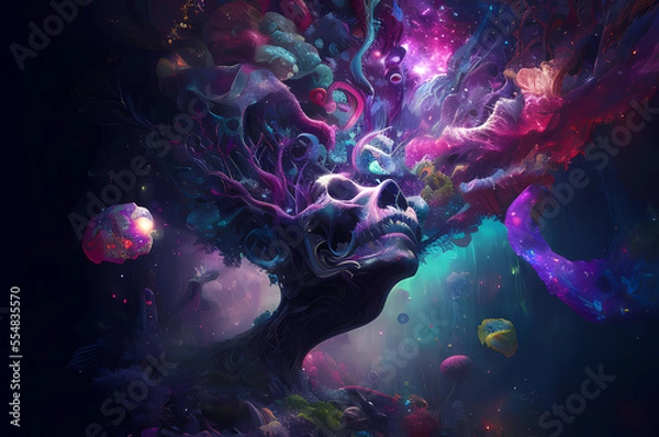 Fototapeta Fluorescent Dreamy Mystical colorful glowing fantasy world Imagination of start of mind