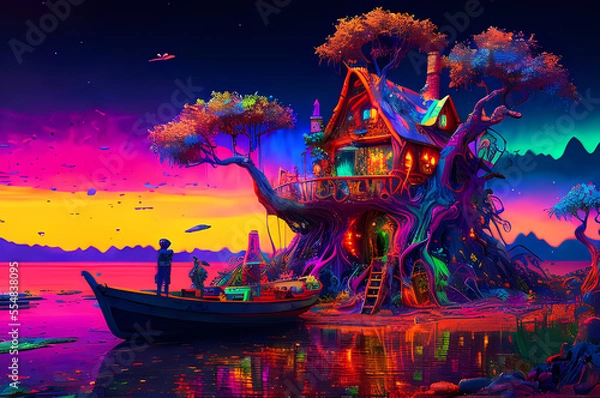 Obraz Fluorescent Dreamy Mystical colorful glowing fantasy world Imagination of start of mind
