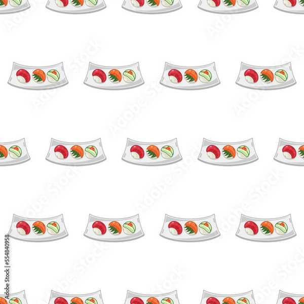 Fototapeta cartoon sushi temari, japanese food seamless pattern on colorful background