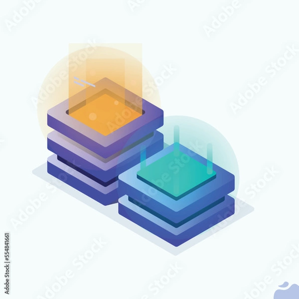 Obraz Various Devices Secure Connected to Data Center with Cloud Computing Technology. Cyber Security and Personal Data Protection Concept. Flat Isometric Vector Illustration.