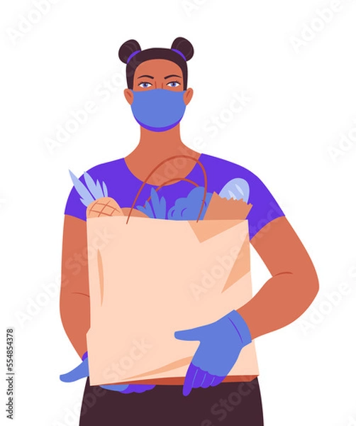 Fototapeta A girl in a face mask and gloves with a bag of groceries from the supermarket. Safe delivery of products from the supermarket. 