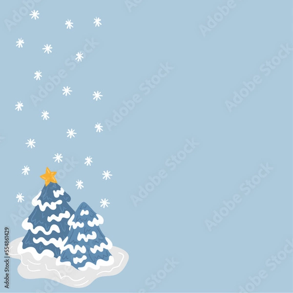 Obraz Illustrate some snowy blue fir trees as a side border with snowflakes, with a gold star on one of them and under the snow.