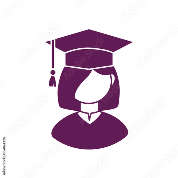 Obraz Graduation student in cap and gown. Graduating girl silhouette.  Graduating student avatar. Monochrome vector icon isolated on white background.