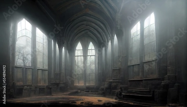 Obraz Foggy hall interior in gothic ancient chapel with tall windows and columns.  Empty dark abandoned mystical place