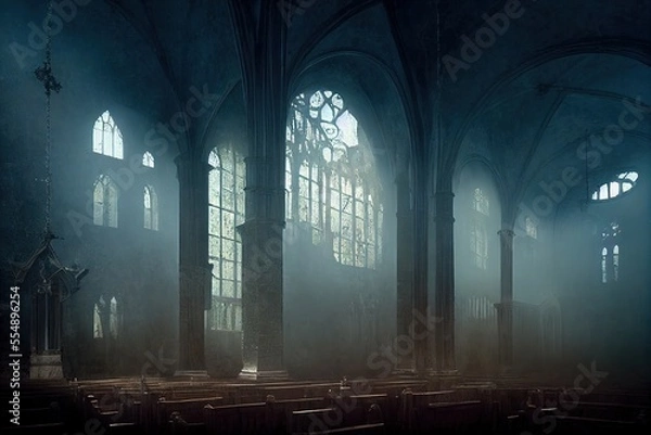Obraz Foggy hall interior in gothic ancient chapel with tall windows and columns.  Empty dark abandoned mystical place