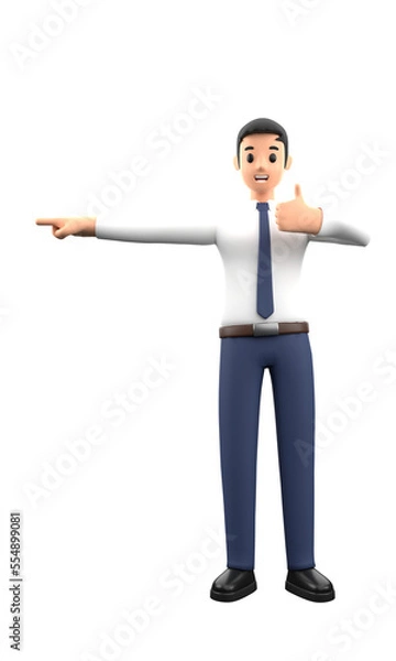 Fototapeta 3D illustration business man do the gesture with a smile and happy emotion in cartoon style. Businessman with success pose action with positive thinking on a blank background.