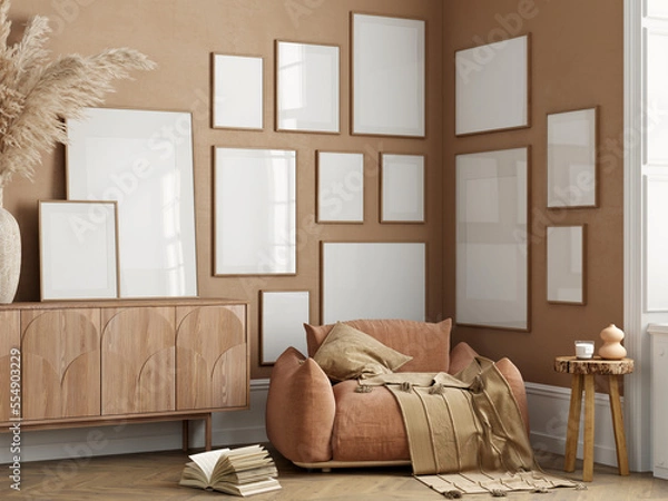 Fototapeta Gallery wall mockup in cozy living room interior, frame mockup, 3d render