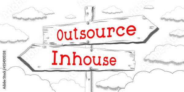 Fototapeta Outsource, inhouse - outline signpost with two arrows