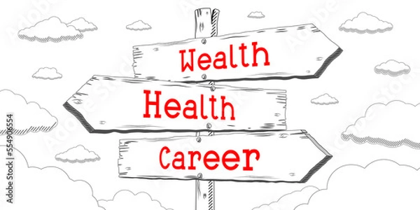 Fototapeta Wealth, health, career - outline signpost with three arrows