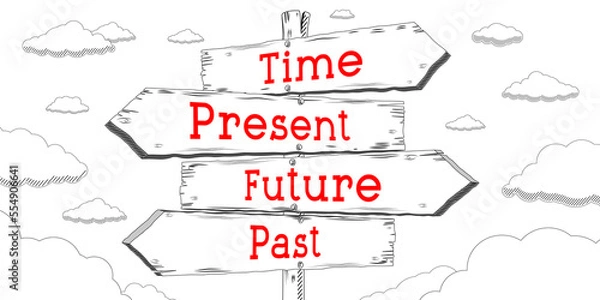 Fototapeta Time, present, future, past - outline signpost with four arrows