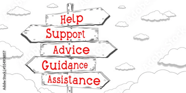 Fototapeta Help, support, advice, guidance, assistance - outline signpost with five arrows