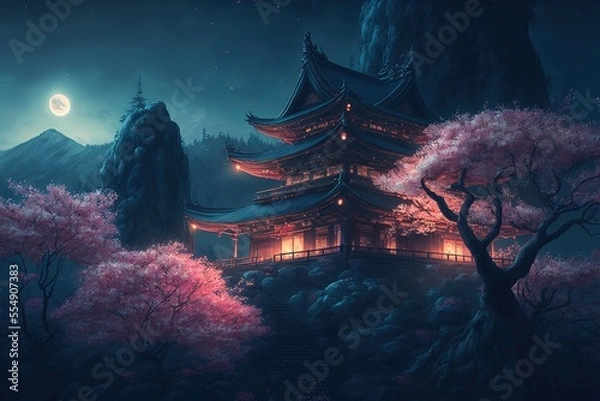 Fototapeta Beautiful Chinese temple on a mountain with Sakura trees at night, bright moon in the sky, generative ai