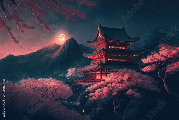 Fototapeta Colorful Chinese temple on a mountain with pink cherry blossom trees at night, bright moon behind the mountains, generative ai
